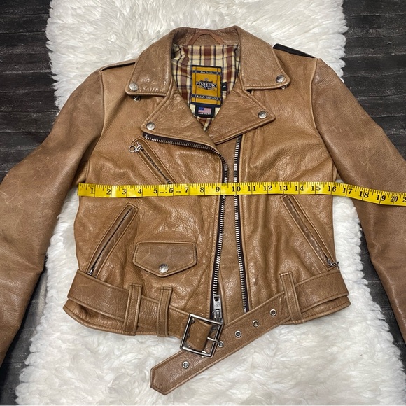 SCHOTT PERFECTO TAN LEATHER ASYMMETRICAL MOTORCYCLE 525W JACKET MOTO BIKER - Picture 4 of 10